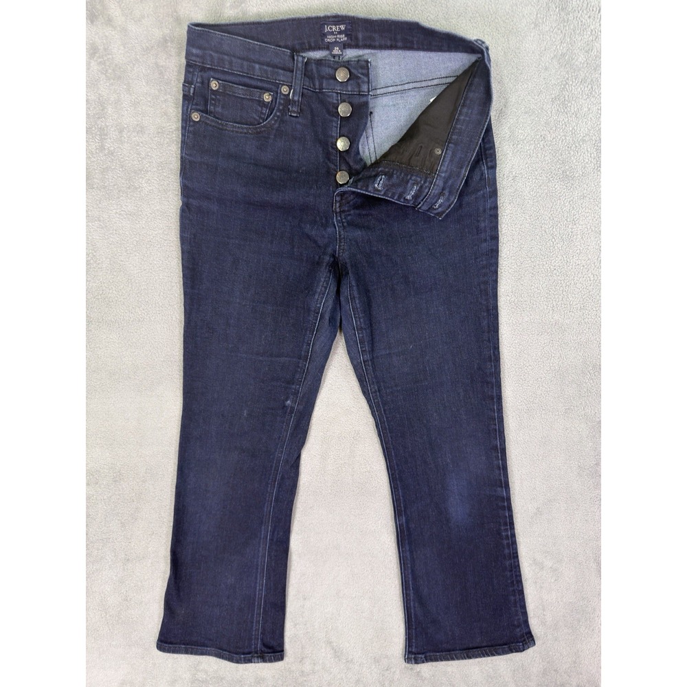 J Crew Jeans Womens 26 Blue Dark Wash High Rise Crop Flare Button Fly Stretch